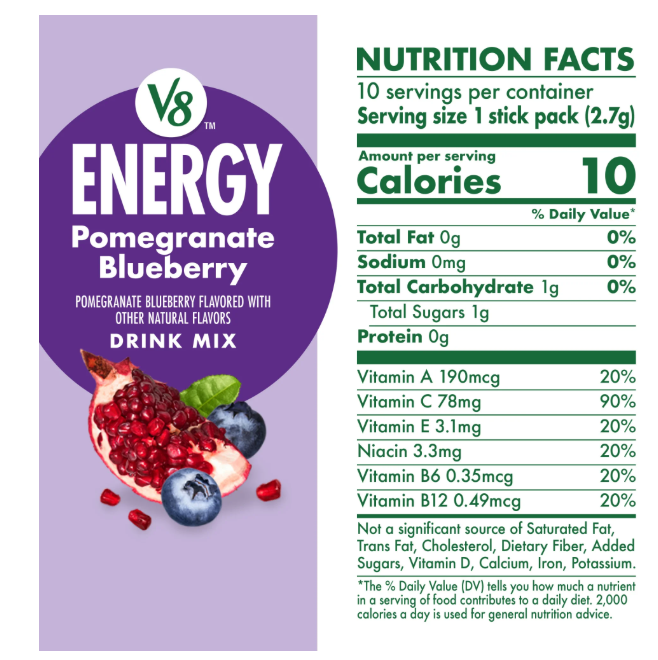 V8 Energy Pomegranate Blueberry Energy Drink Powder, .10 oz Packet (10 Count)